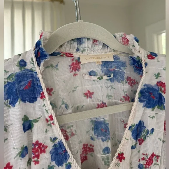 Love Shack Fancy blue red and while floral mini dress with puff sleeves